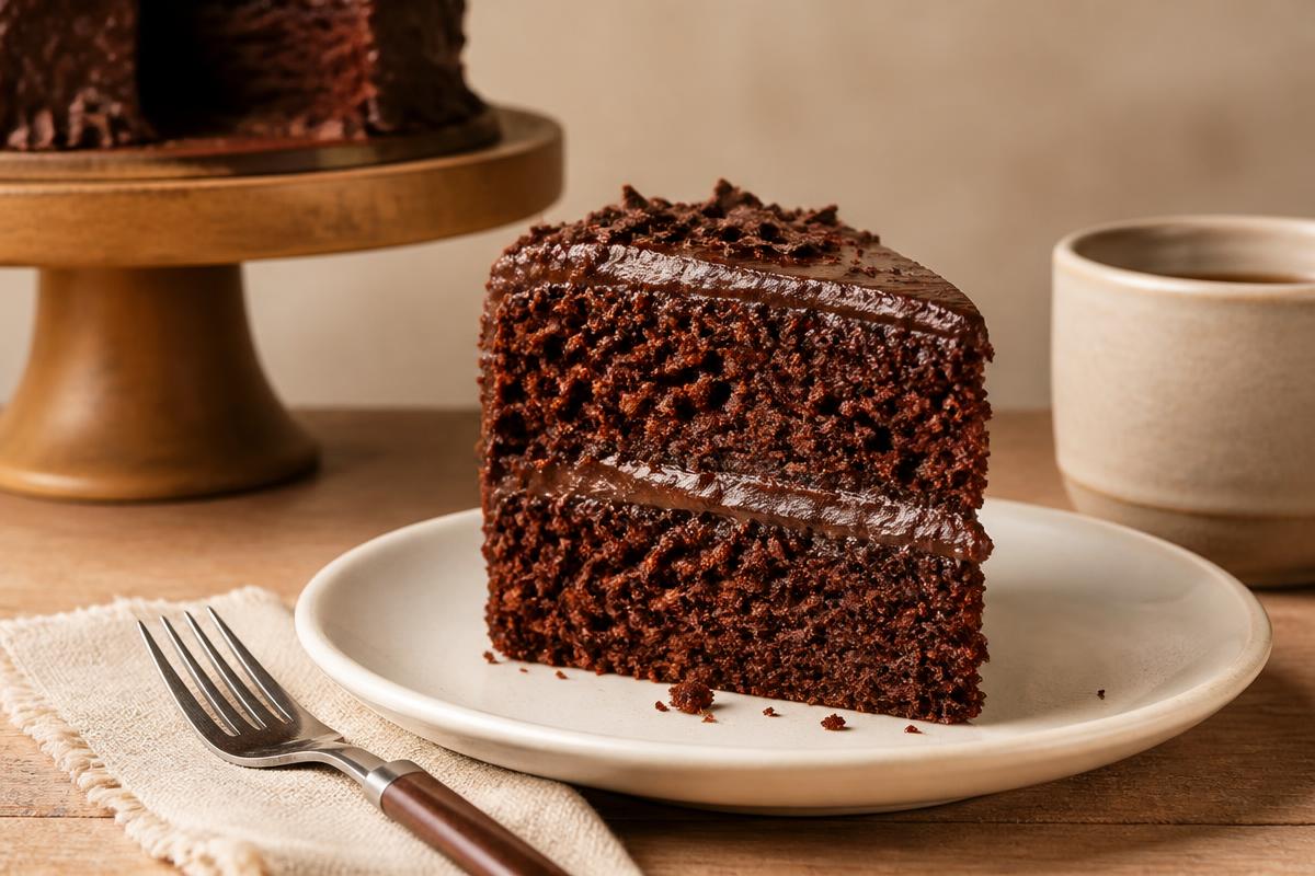 Fatia de bolo de chocolate artesanal em prato branco, com uma xícara de café ao fundo